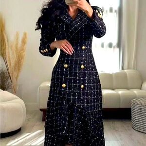 Regular Fit Plaid Elegant Long Sleeve Midi Dress